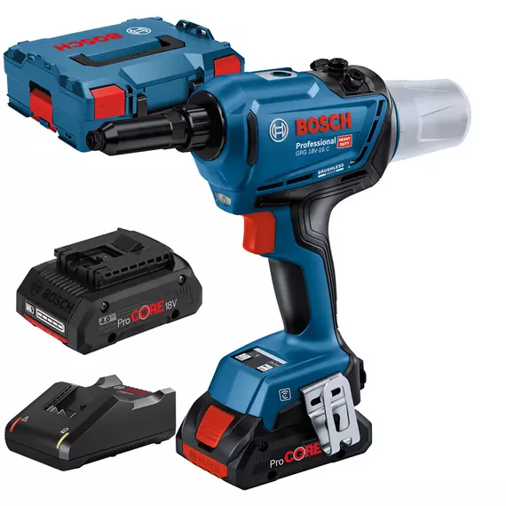 Bosch GRG 18V-16 C akkus popszegecselő kofferben, 18V, 3-6.4mm (2db 4Ah akkuval és töltővel)