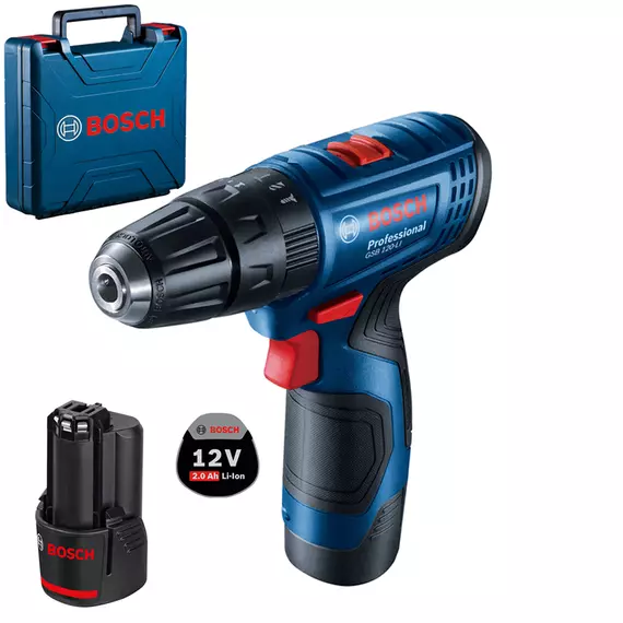 Bosch GSB 120-LI akkus ütvefúró-csavarozó kofferban, 12V, 10mm (2db 2Ah akkuval és töltővel)