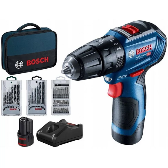 Bosch GSB 12V-30 akkus ütvefúró-csavarozó készlet kofferben, 12V, 10mm (2db 2Ah akkuval és töltővel)
