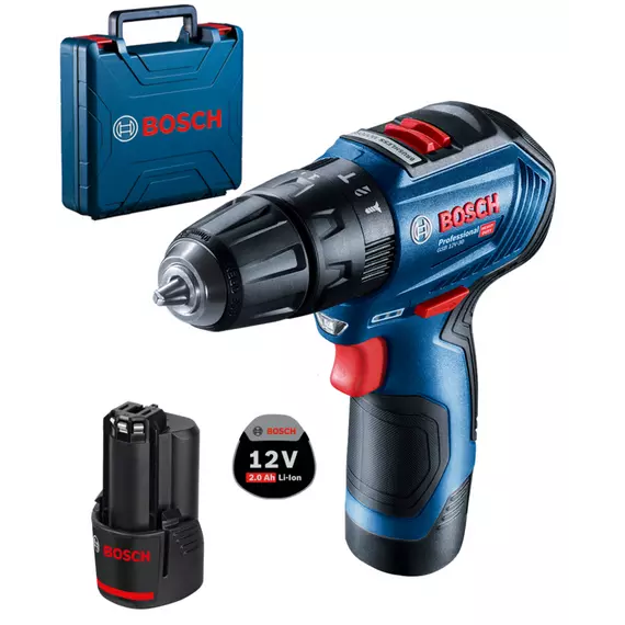 Bosch GSB 12V-30 akkus ütvefúró-csavarozó kofferben, 12V, 10mm (2db 2Ah akkuval és töltővel)