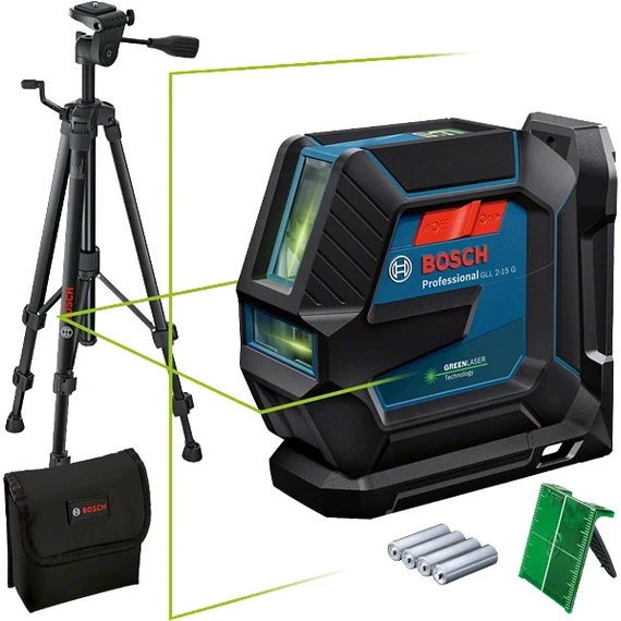 Bosch GLL 2-15 G szintező vonallézer állvánnyal, zöld, 15m