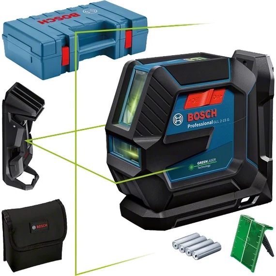 Bosch GLL 2-15 G szintező vonallézer kofferben, zöld, 15m