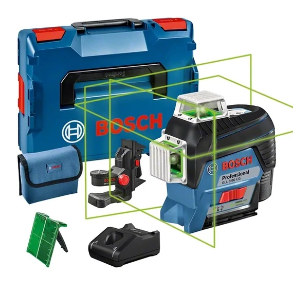 Bosch GLL 3-80 CG akkus szintező vonallézer kofferben, zöld, 12V (2Ah akkuval és töltővel)