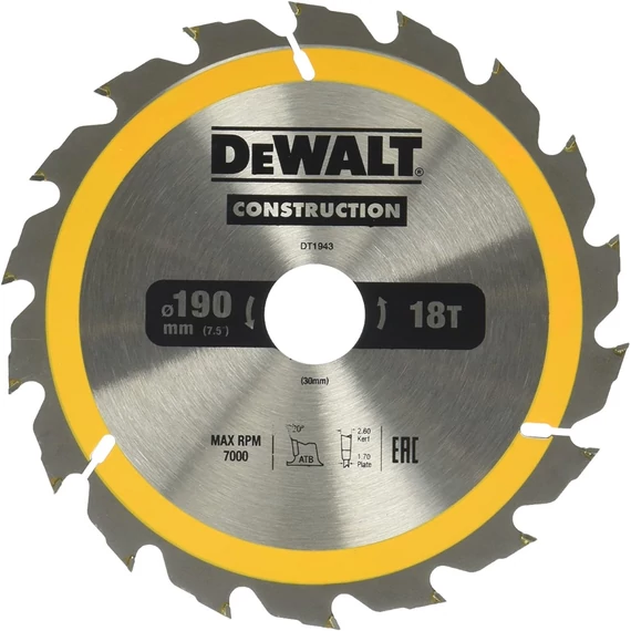 DeWalt DT1943 ipari fűrészlap, 18 fog, 190mm