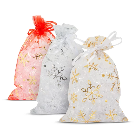 Family Christmas organza ajándéktasak, 3-féle, 10x15cm