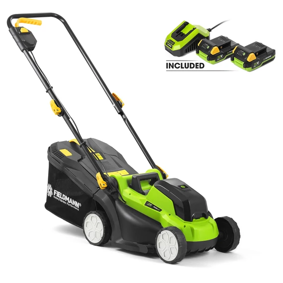 Fieldmann 70335 akkus fűnyíró+munkakesztyű, 330mm, 2x2Ah akkuval és töltővel