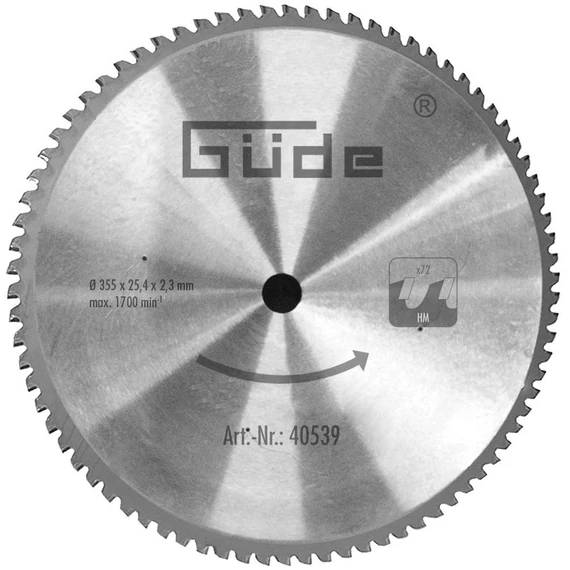 Güde körfűrészlap, HM, 355x25.4mm, 72T