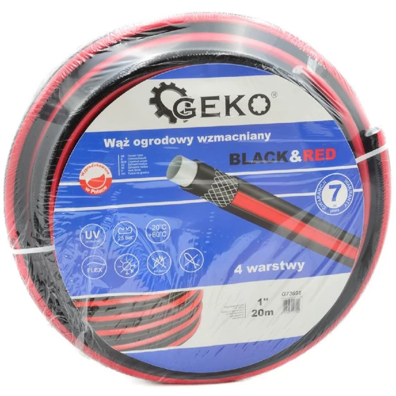 Geko megerősített kerti locsolótömlő, fekete-piros, 1&quot;, 20m