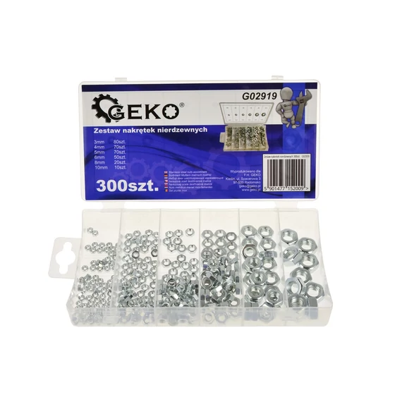 Geko rozsdamentes acél anya készlet, M3-M10, 300db