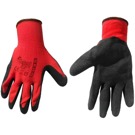 Geko munkavédelmi kesztyű, pamut, érdes latex tenyérbevonat, piros, 9