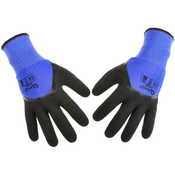 Geko munkavédelmi kesztyű, poliészter, latex bevonat, kék-fekete, 8