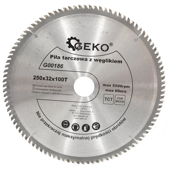Geko vidiás körfűrészlap fához, 100 fog, 250x33mm + 25.4mm szűkítő