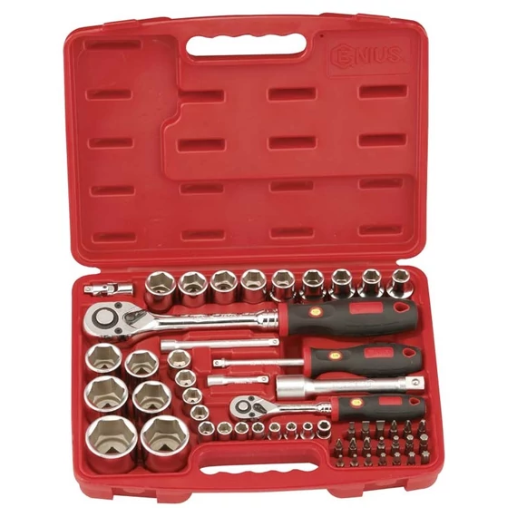 Genius Tools crowafej és bit készlet, metrikus 1/4&quot; és 1/2&quot;, 54 db-os