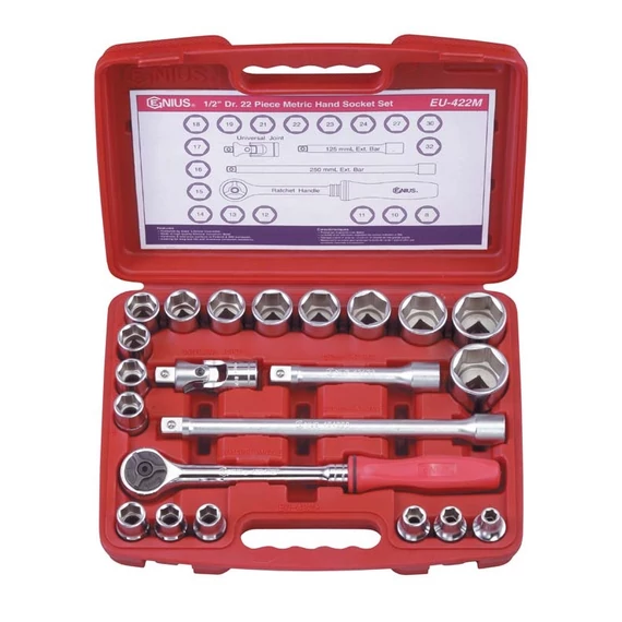 Genius Tools crowafej készlet, hosszú, metrikus 1/2", 22 db-os