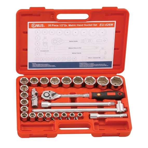 Genius Tools crowafej készlet, hosszú, metrikus 1/2&quot;, 26 db-os