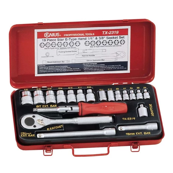 Genius Tools crowafej készlet, E-torx 1/4 és 3/8", 19 db-os