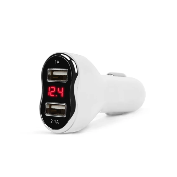 Autós szivargyújtó adapter, feszültségmérővel és árammérővel, fehér, 2xUSB