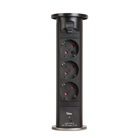 Motoros rejtett elosztó, 3x250V, USB-A, Type-C, fekete