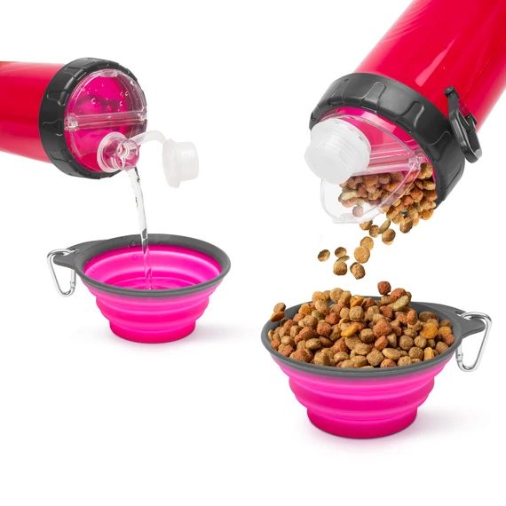 Összenyomható kutyatál kulaccsal, rózsaszín