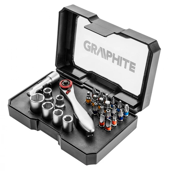 Graphite bit és dugókulcskészlet, racsnis, vegyes, 26 darabos