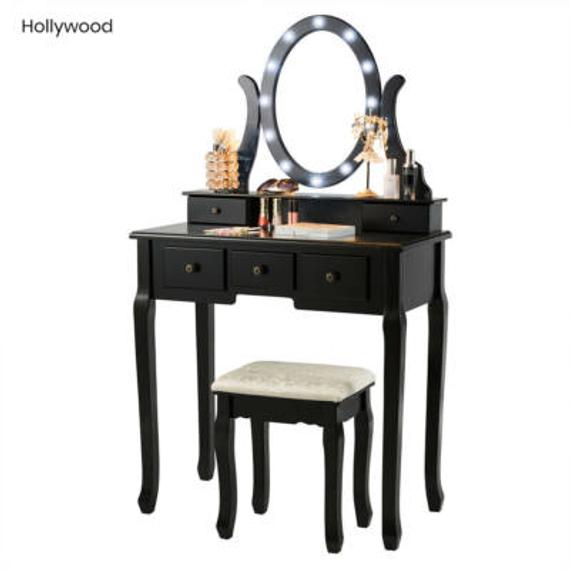 Hollywood fésülködőasztal székkel, fekete