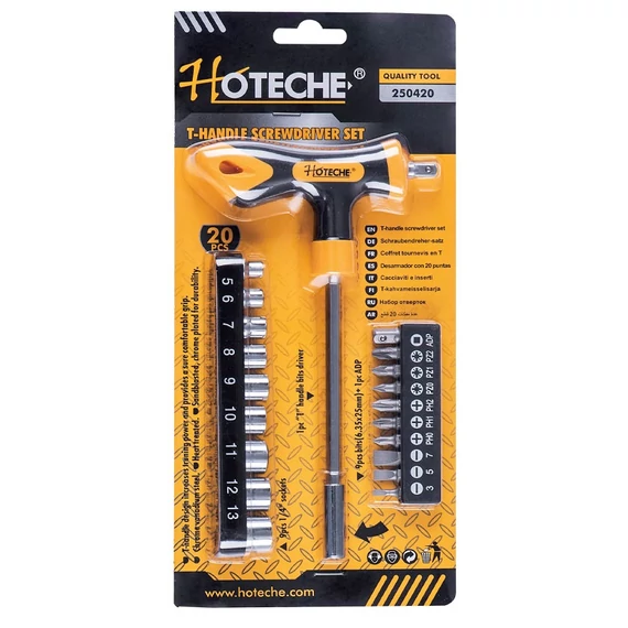 Hoteche dugókulcs és bit készlet T-hajtószárral, 1/4&quot;, 20db