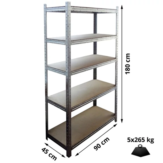 Fémpolc, 5-ös, MDF, 5x265kg, 90x180x45cm