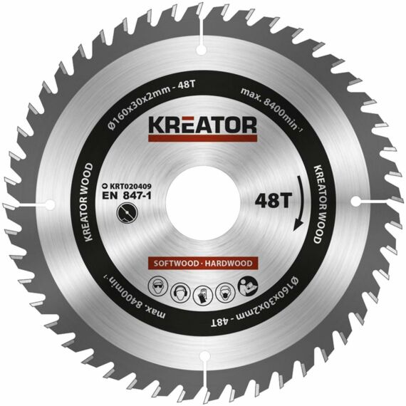 Kreator KRT020409 körfűrészlap 160x30mm, 48 fog + 3db szűkítőgyűrű