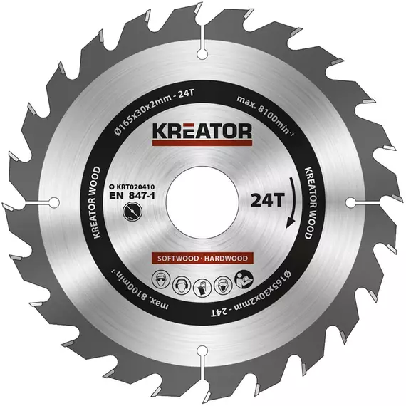 Kreator KRT020410 körfűrészlap 165x30mm, 24 fog + 3db szűkítőgyűrű