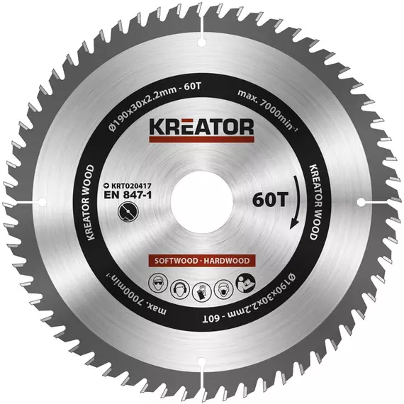 Kreator KRT020417 körfűrészlap 190x30mm, 60 fog + 3db szűkítőgyűrű