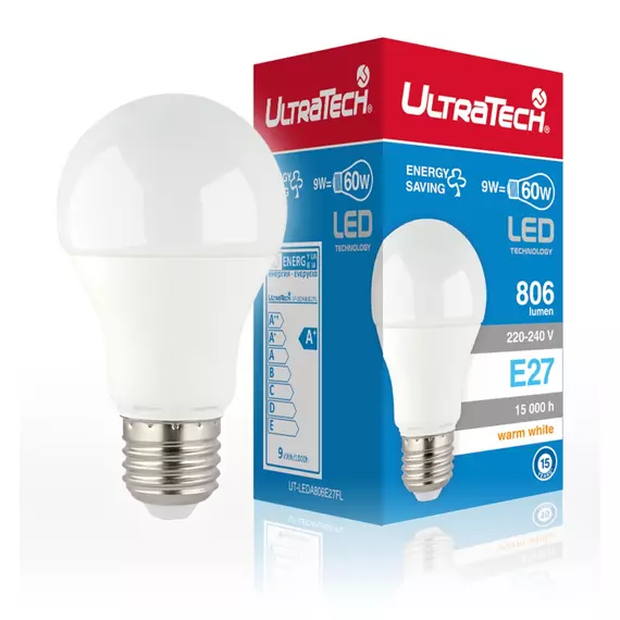UltraTech körte LED izzó, hideg fehér, E27, 9W, 806lm