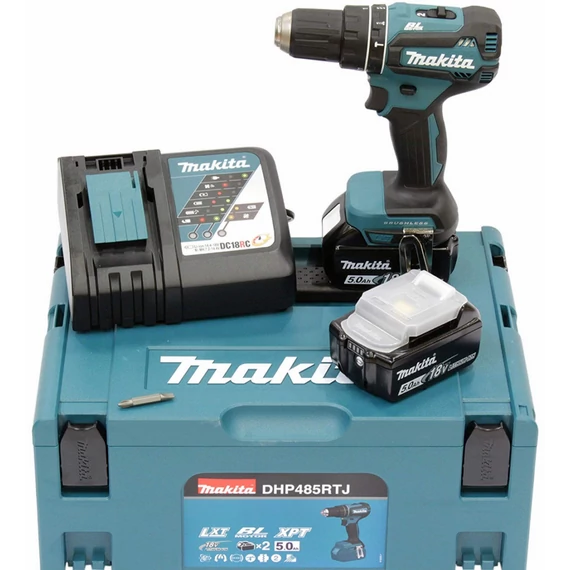Makita DHP485 akkus ütvefúró-csavarozó, 18V, 13mm, kofferban (2db 5Ah akkuval és töltővel)