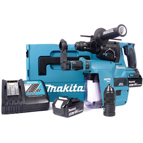 Makita DHR243 akkus fúró-vésőkalapács porelszívóval, 18V, SDS-Plus, kofferban (2db 5Ah akkuval és töltővel)