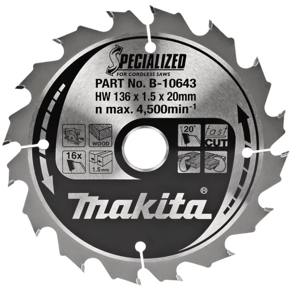 Makita Specialized körfűrészlap fához akkus körfűrészhez, 136x20mm, Z16