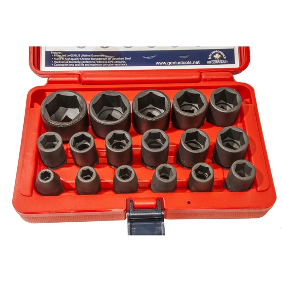 Genius Tools légkulcsfej készlet, Hex, 8-32mm, 1/2&quot;, 17db