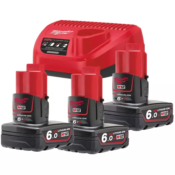 Milwaukee M12 NRG-603 akkumulátor és töltő szett, 3x6.0Ah akku+C12 C töltő