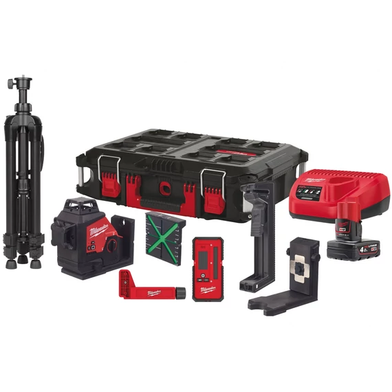 Milwaukee M12 3PLKIT-401P akkus 360° 3 síkú lézer, zöld, 1x4.0Ah akkuval és töltővel