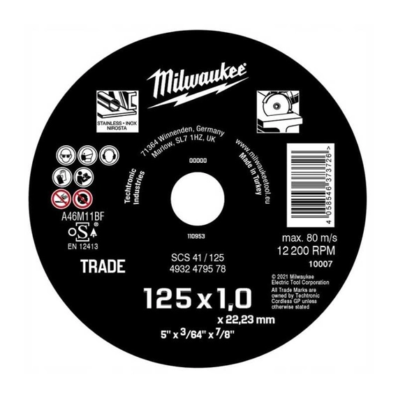 Milwaukee ECO SCS41 vágókorong fémhez, 125x1.0mm