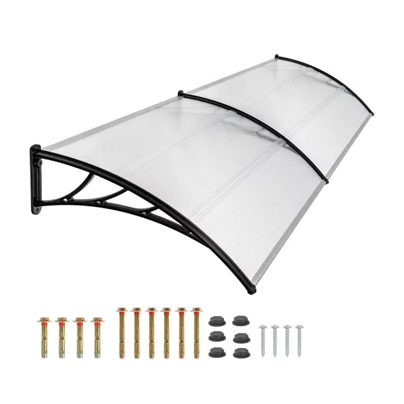 Műanyag előtető 240 x 90 cm, dupla, transzparens, fekete színű fali tartóelemekkel