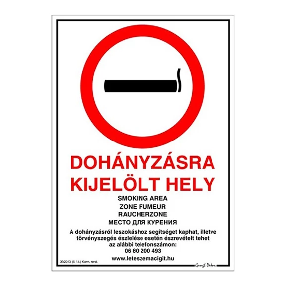 Műanyag tábla, A4, &quot;Dohányzásra kijelölt hely&quot;