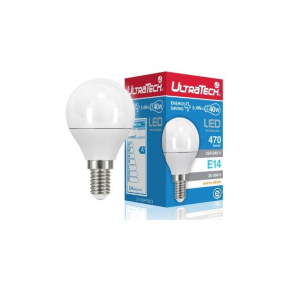 UltraTech gömb LED izzó, meleg fehér, E14, 5.2W, 450lm