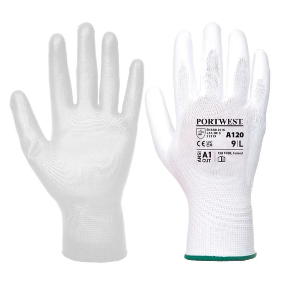 Portwest A120 PU tenyérmártott nylon munkavédelmi kesztyű, fehér, M