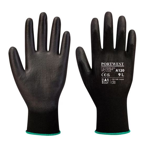 Portwest A120 PU tenyérmártott nylon munkavédelmi kesztyű, fekete, S