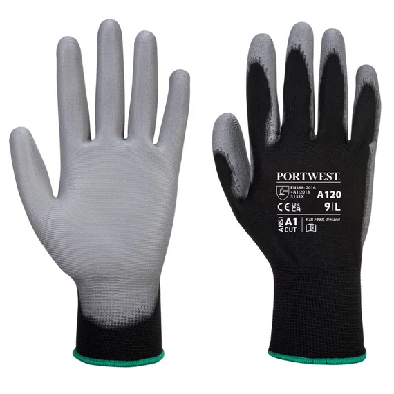 Portwest A120 PU tenyérmártott nylon munkavédelmi kesztyű, fekete-szürke, 2XL