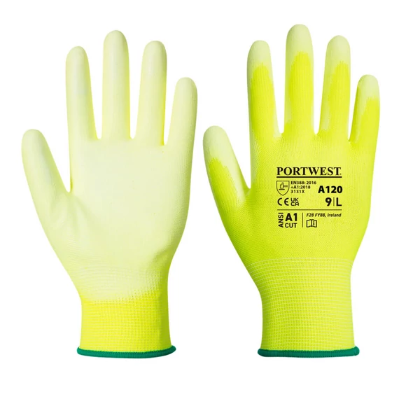 Portwest A120 PU tenyérmártott nylon munkavédelmi kesztyű, sárga, M