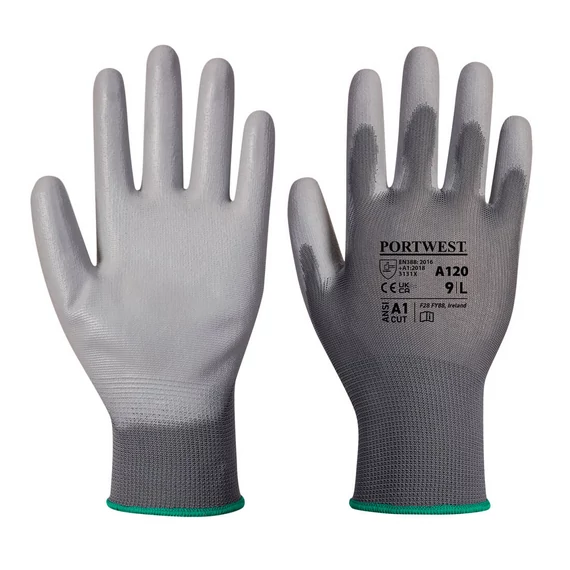 Portwest A120 PU tenyérmártott nylon munkavédelmi kesztyű, szürke, S