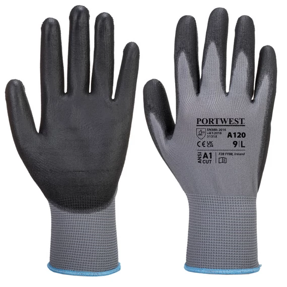 Portwest A120 PU tenyérmártott nylon munkavédelmi kesztyű, szürke-fekete, S