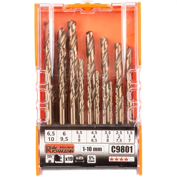 Richmann fémfúró készlet, HSS-Co, 1-10mm, 19 részes 