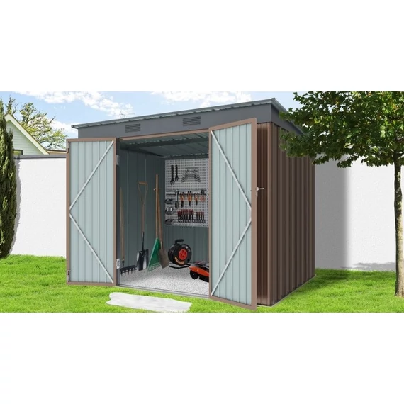 Riwall RMSP 6x8 antracit fém kerti tároló lapostetővel, 2.4x1.8m, barna