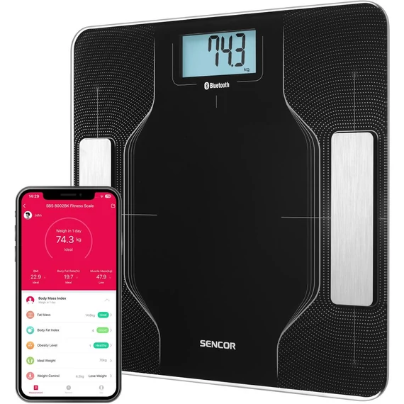  Sencor SBS 8002BK intelligens fitnesz személymérleg, 2x1.5V AAA